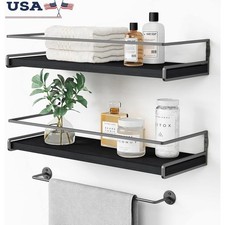 Bathroom Floating Shelves Set of 2 Wall Organizer W/ Towel Bar Rustic Wood New