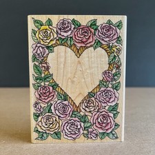 Rubber Stampede Romantic Roses Heart Frame Wood Mounted Rubber Stamp A1562G Love