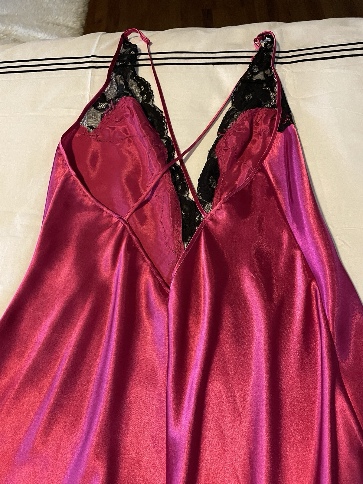 Y2K Victoria’s Secret Rare Satin Hot Pink Black Lace Maxi Gown Slip Dress M image 4