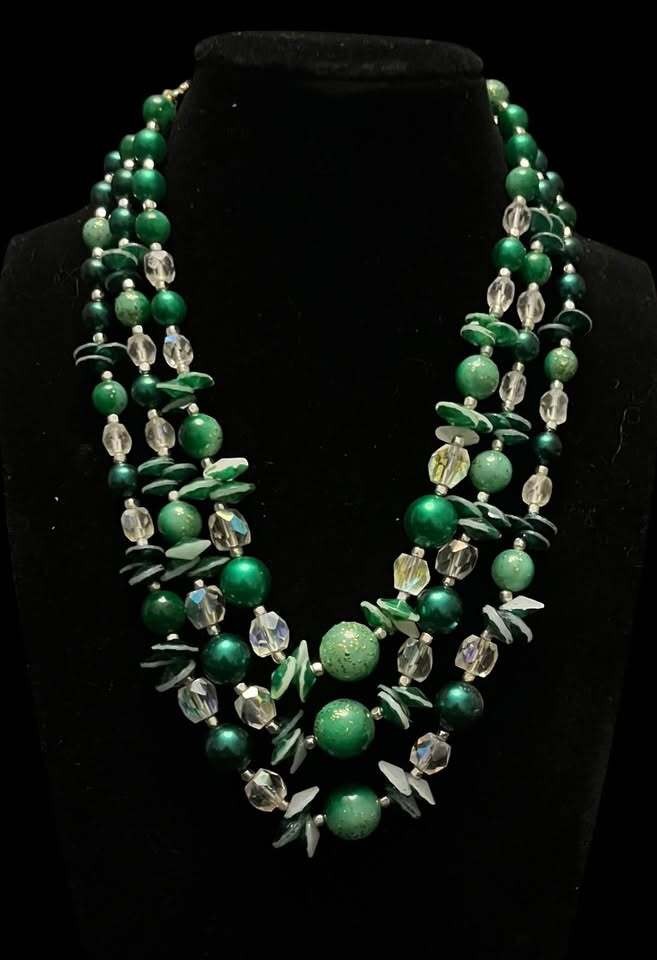Vintage Three-Strand Green Beaded Necklace
