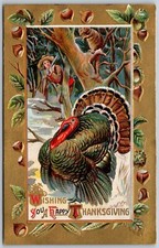 Postcard Thanksgiving Turkey In Woods Hunter Embossed HT02