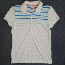Ladies Puma Short Sleeve Collared Button Down Golf Polo Shirt Blue Striped S
