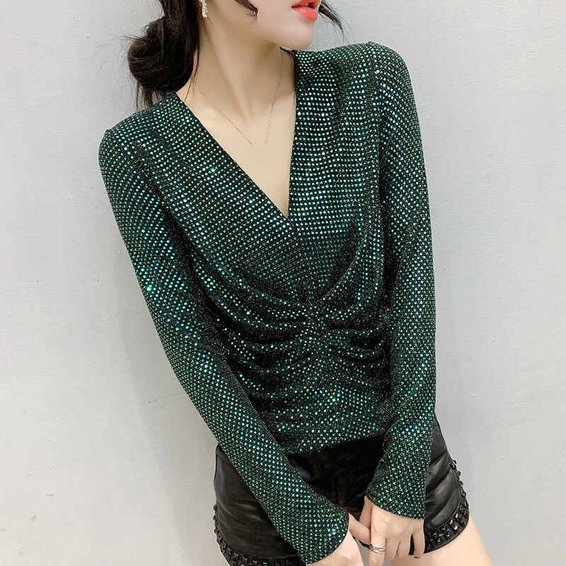 Sequin Shirt Women Tops Blouse Party Clubwear Disco Shiny Glitter