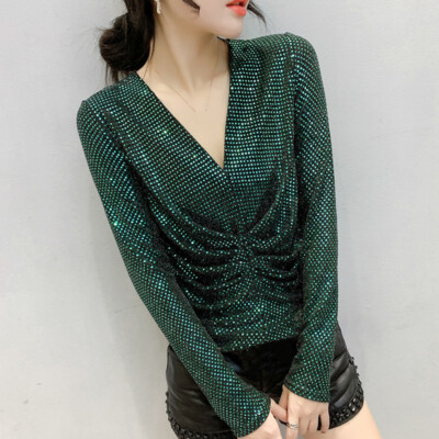 Pailletten Shirt Damen Top Bluse Party Clubwear Disco Glanz Glitzer Slim