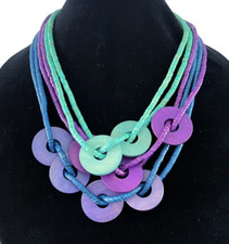 Vintage Tribal Beaded Wood Disc Layered Strand Necklace Boho Turquoise Purple