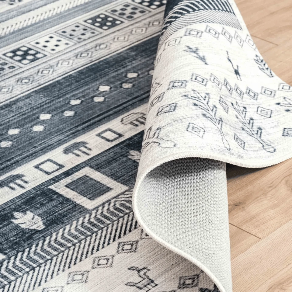 Alfombra de chenilla azul estampado escandinavo, alfombra de corredor antideslizante lavable Foto 2 de 4