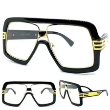 Oversize Vintage Retro Style Clear Lens EYE GLASSES Large Big Black & Gold Frame