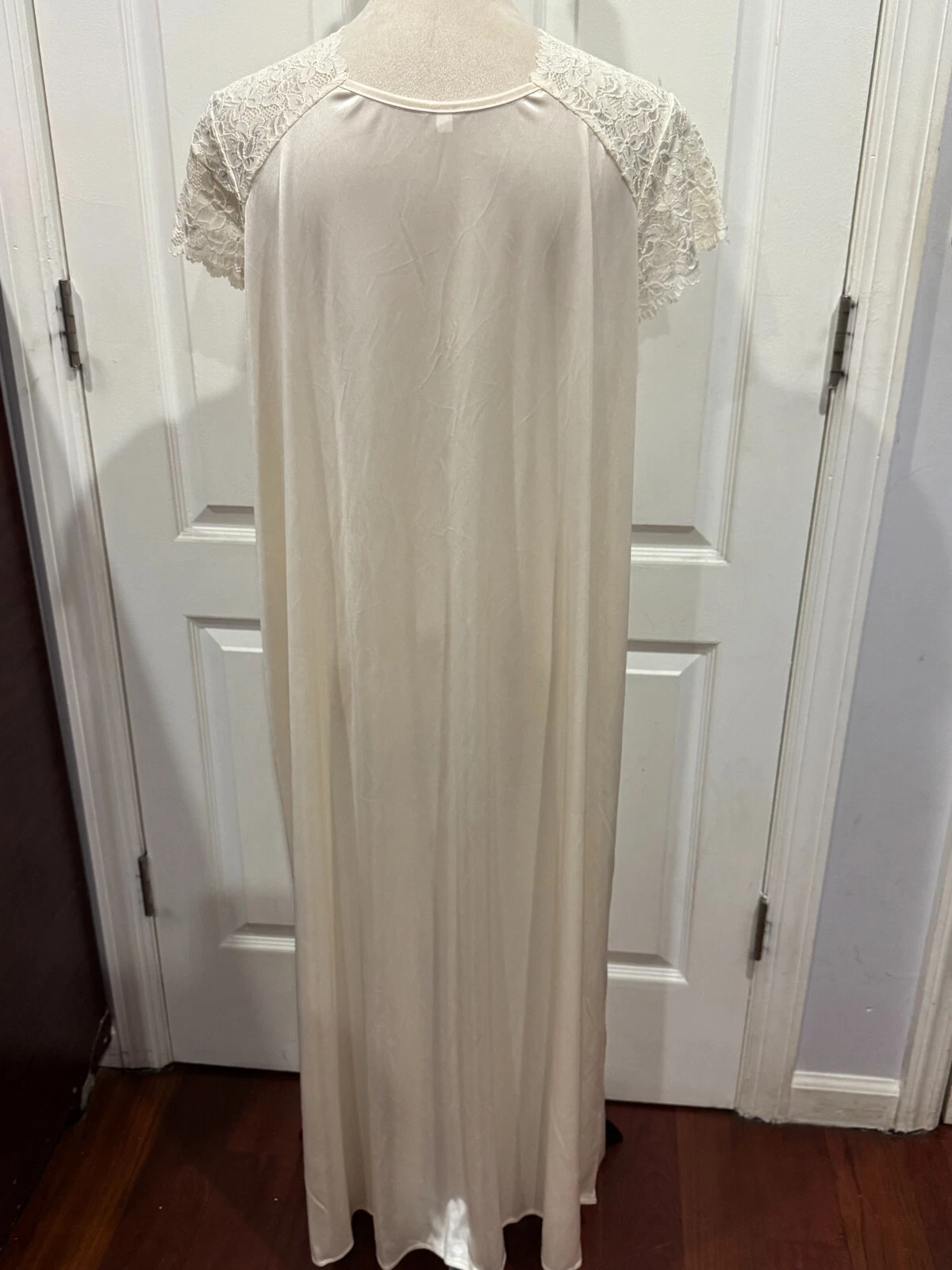 OFF WHITE Camicia da notte Wmn avorio panna bianco sporco seta manica corta scollo a V pizzo 3XL 49"Lx24"W