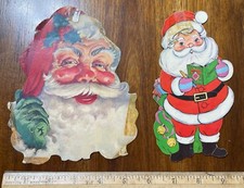 Lot 2 vintage die cut Santa Claus cardboard cut outs Santa head reading book