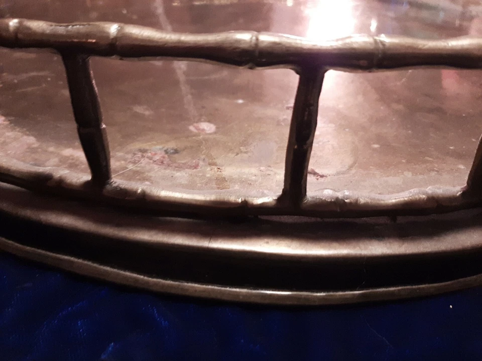 Hollywood Regency Solid Brass Faux Bamboo large 21" Round Serving Vanity Tray - Image 4 of 4