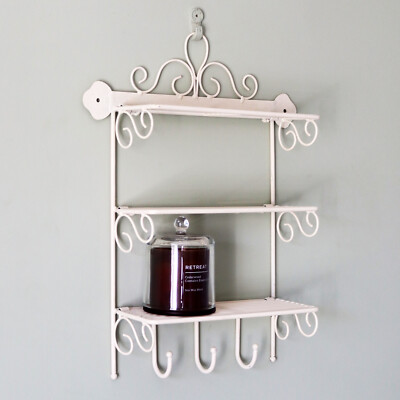 Triple Scroll Wall Shelf With Hooks Cream Metal Tiered French Country  Shelving UK