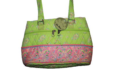 Vintage Ten Bears Quilted Double Handle Pink & Lime Paisley Bag Purse NEW