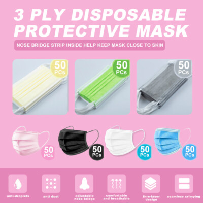50Pcs Disposable Face Mask Non-Medical Surgical 3-Ply Earloop Face Cover