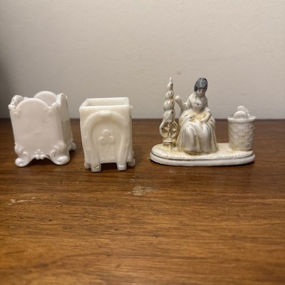3 ANTIQUE Toothpicks Holders HORSESHOE CLOVER LUCKY WHITE MILK GLASS  1 Fairy