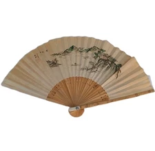 Vintage Hand Painted Asian Folding Fan Bamboo & Paper with Landscape Scene Boxed