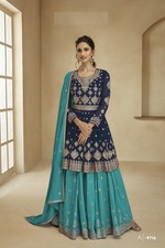 Faux Georgette Navy Blue Lehenga Suit with Aqua Skirt  Rich Embroidered Kurti 