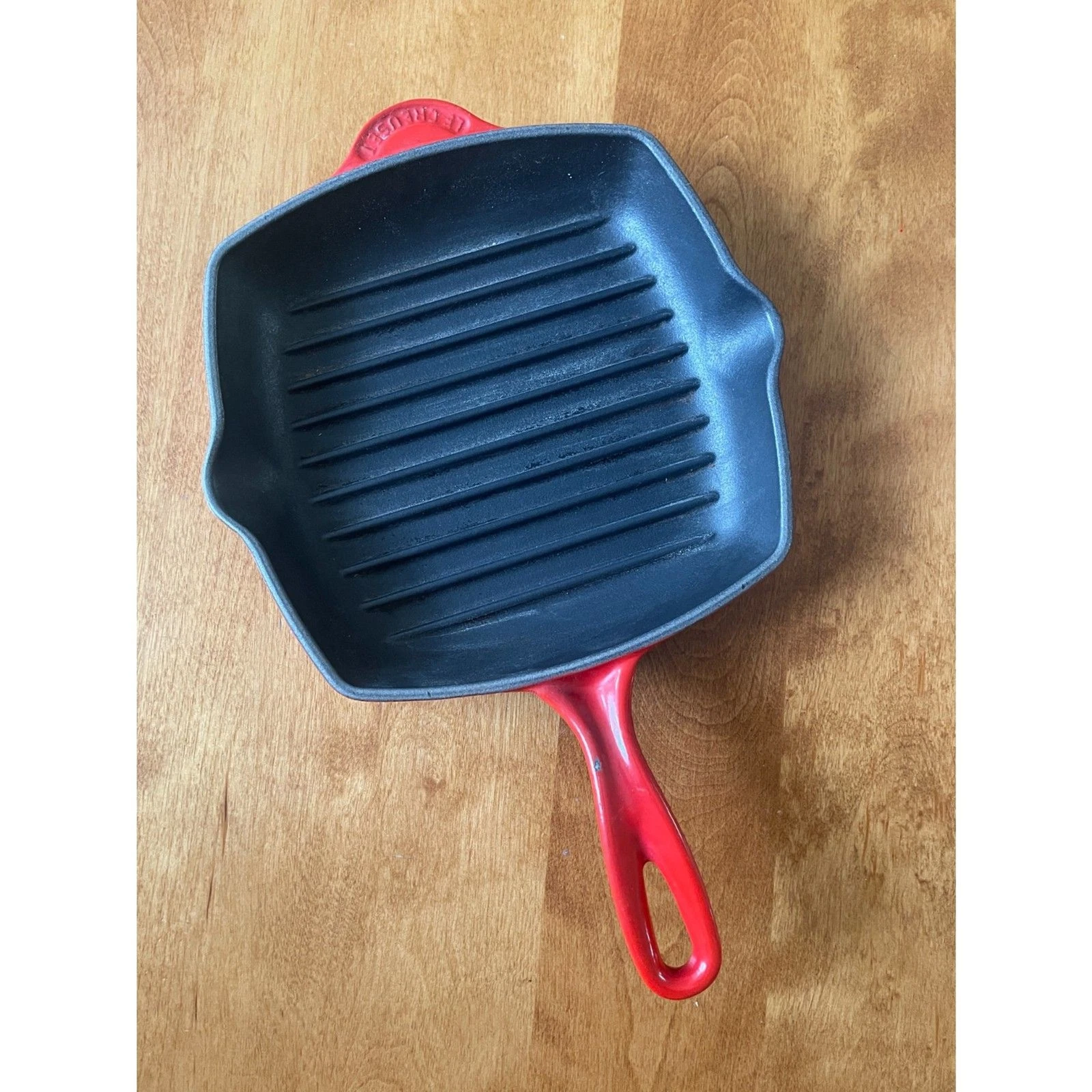 Le Crueset Signature Square Skillet in Flame - Grill Pan ~Red Cast Iron 8" EUC