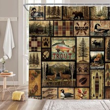 Rustic Cabin Shower Curtain,Bear Deer Fishing 70"W x 70"L Pack of 1 Brown