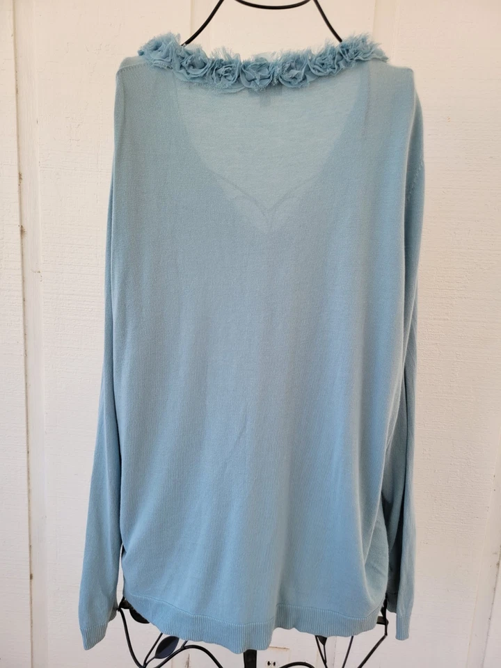 Talbots 2X Cardigan Sweater Flower Trim Blue Ruffle Chiffon Soft Knit V Neck - Image 4 of 4