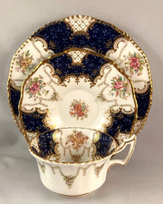 Coalport Batwing Y3976 Cobalt Blue & Gold Trio: Cup, Saucer, Dessert /Side Plate