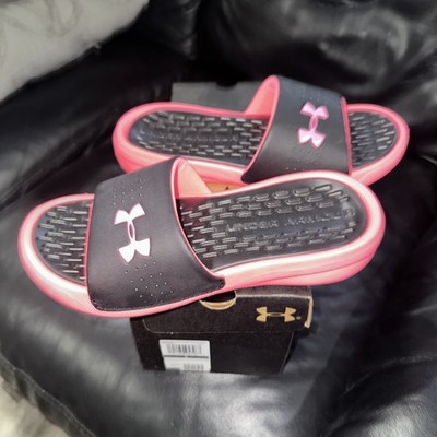 Under Armour Sandals Youth 4 Playmaker Fixed Strap Slide Black Pink 3000067-001