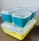 Vintage Pyrex Refrigerator Dishes Blue & Yellow Set Of 4 501, 502, 503 With Lids