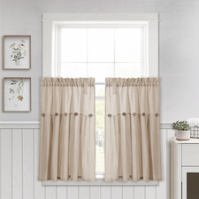 Linen Button Farmhouse Kitchen Curtains Tier Set 29"W x 36"L Dark Linen - Linen