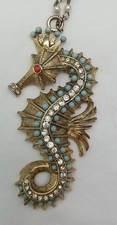 Vtg Hattie Carnegie Figural Seahorse Pendant Necklace Turquoise Bead Rhinestones