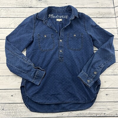 Madewell Chambray Polka Dot Popover Shirt Women's XS Blue Long Sleeve Sty  04566