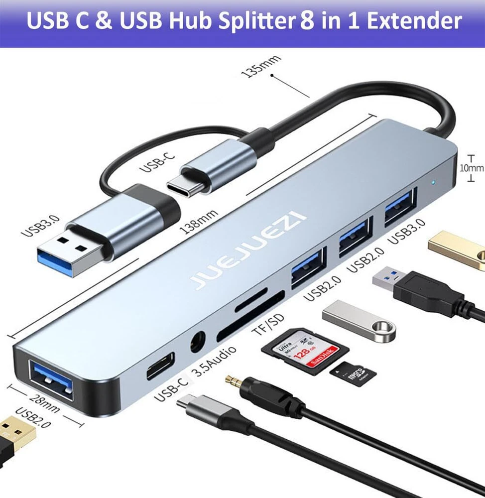 Usb Hub 3.0 Multiport Adapter 8 Port Aluminum Usb & Usb C Hub 3.0 Expander Split