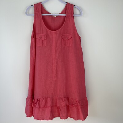 Ridley Size L Womens Dress 100% Linen Sleeveless Coral Pockets