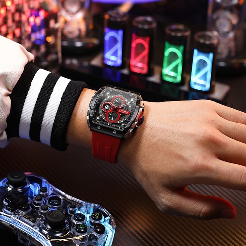 Reloj de pulsera cuadrado de lujo con banda de goma resistente al agua acero inoxidable con fecha para hombre - Imagen 14 de 25