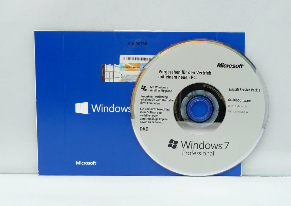 Microsoft Windows 7 Professional - 64 Bit - mit DVD - inkl. SP1 - FQC-08291 -Pro
