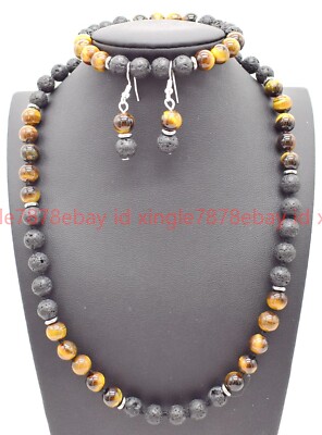 Natural 8mm Tiger s Eye Lava Gems Round Bead Necklace Bracelet Earring 18/7.5in