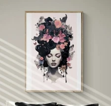 Preppy Rose Women Portrait, Printable Wall Art, Large Flower