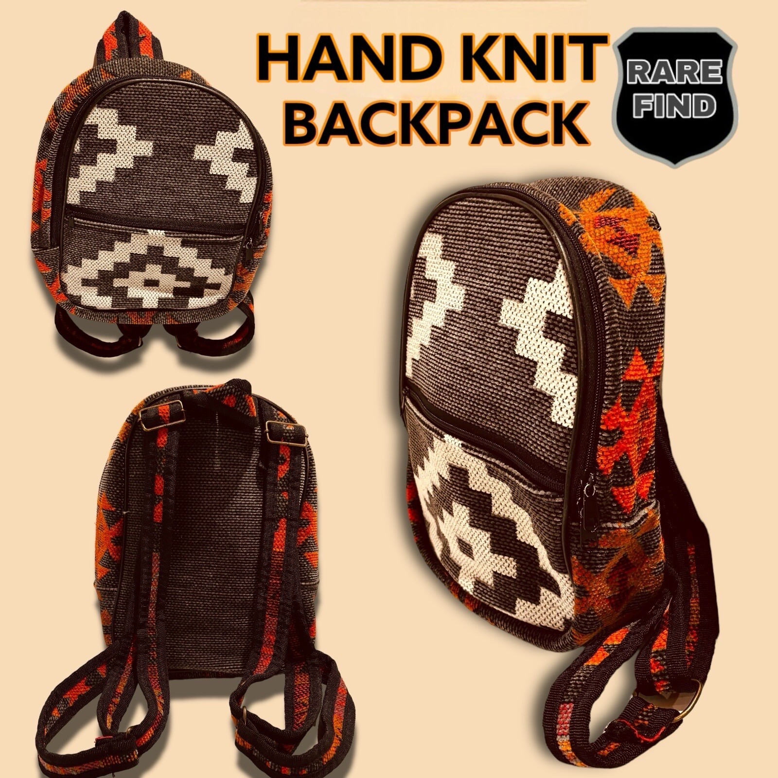 Hand Knit Wool Aztec Pattern Backpack. - image 1