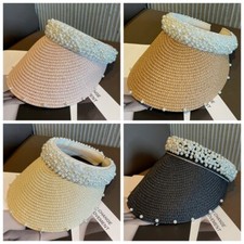 Donne Sole Cappello Paglia Visiera Perline Perla Casual Spiaggia Vacanza