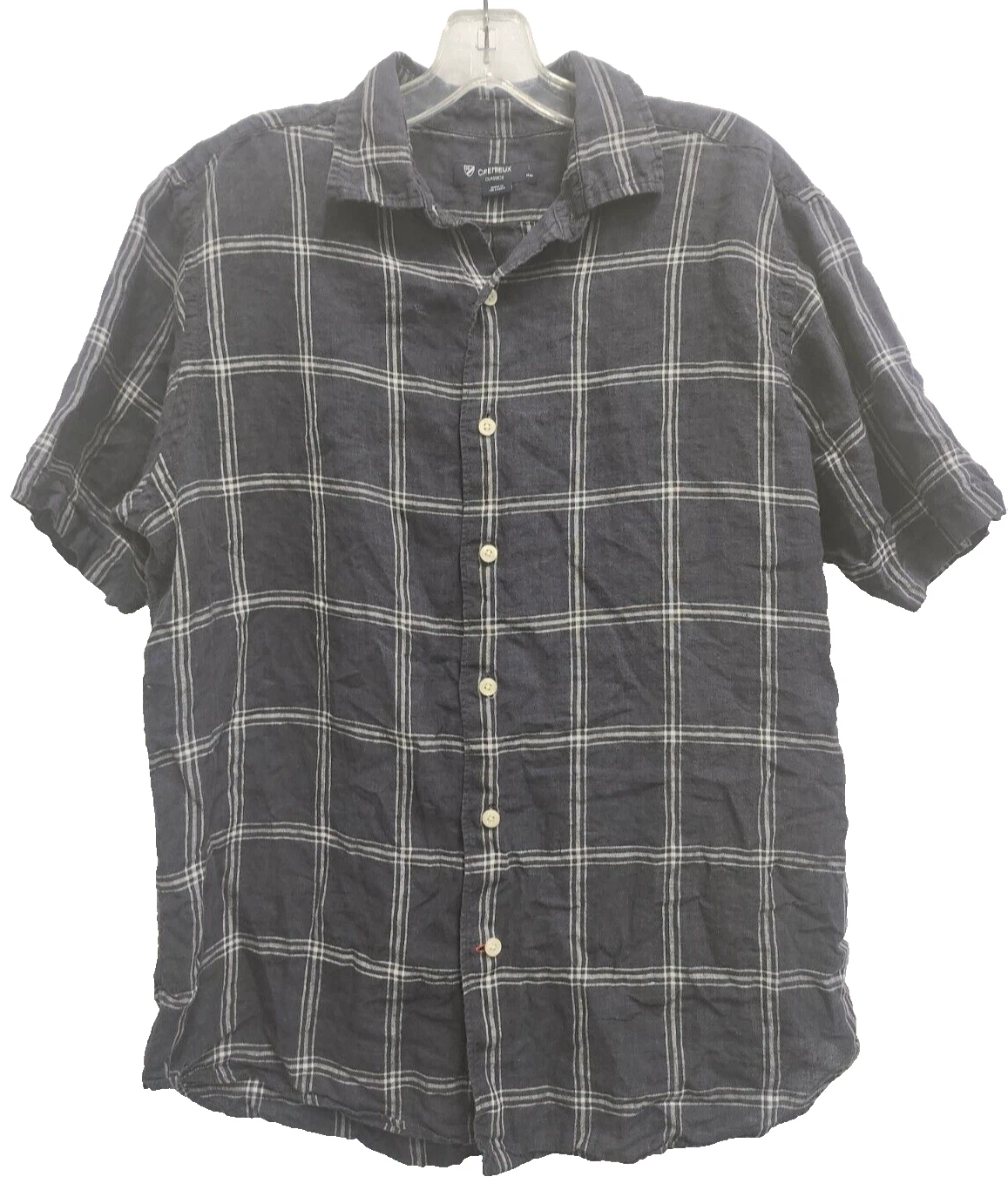 Cremieux Mens Linen Shirt Large Dark Gray Plaid Button Front Short Sleeve Casual