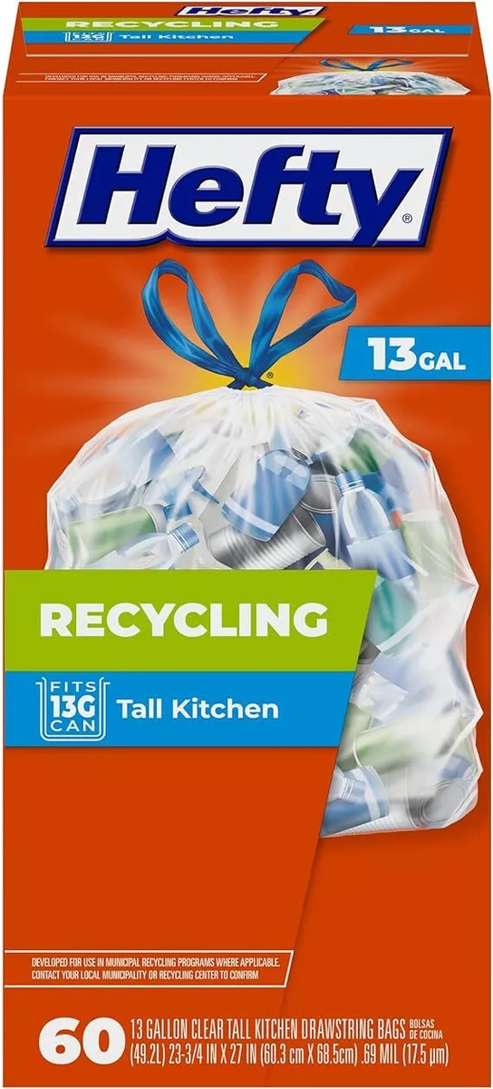 Hefty Recycling Trash Bags, Blue, 13 Gallon, 60 Count Blue 13 Gallon - 60  Count