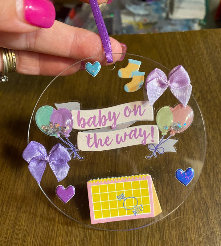 Acrylic Purple BABY ON THE WAY/WRITE IN due DATE Christmas Ornament 4"