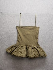 ZARA Women Mini Dress S Olive Dress Contrast Ribbed Poplin Spaghetti Straps City