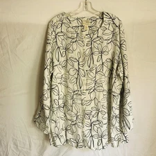 Cynthia Rowley Shirt Womens 2XL White Black 100% Linen Button Front Leaf Print