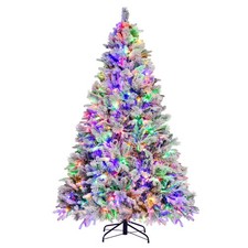 7 FT Pre-Lit Snow Flocked Christmas Tree Hinged Xmas Tree W/ 8 Modes 320 Lights