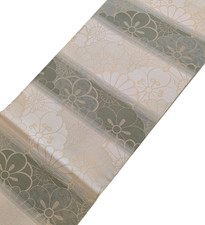 Authentic Japanese Kimono Fukuro Obi Beige Green Stripes Gold Floral Textile Art