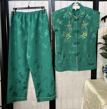 VTG Wath-I NWT Chinese Green Satin Embroid  d Pajama Set Women S Frog Closures