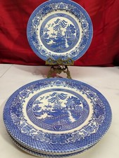 (4) Two Birds Blue Willow Fish Scale China 10" Dinner Plate English Food Safe