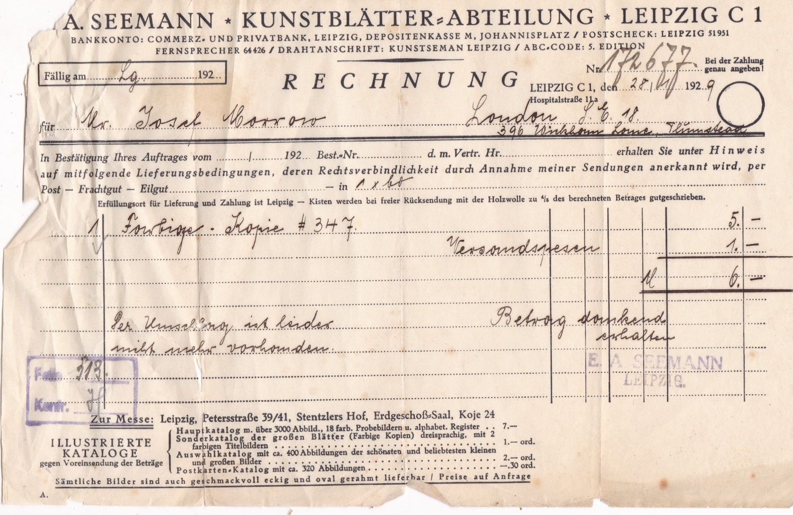 A. SEEMAN* KUNSTBLATTER*ABTEILUNG* LEIPZIG 1929 A Private Bank Receipt Ref 46604