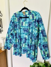 V Neck Blue Green Splotch Design Blouse Top Overblouse 2X - 3X See Measurement