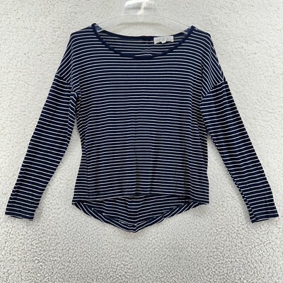 Pink Rose S Navy White Stripe Long Sleeve Wise Neck High Low Top Zipper Back