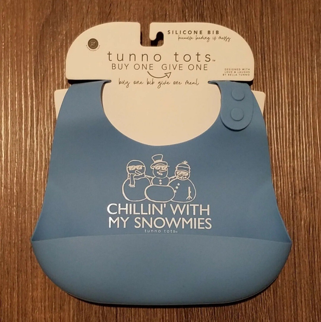 LOT OF 2 Tunno Tots CHILLIN' WITH MY SNOWMIES Bib Light Blue Silicone NEW 